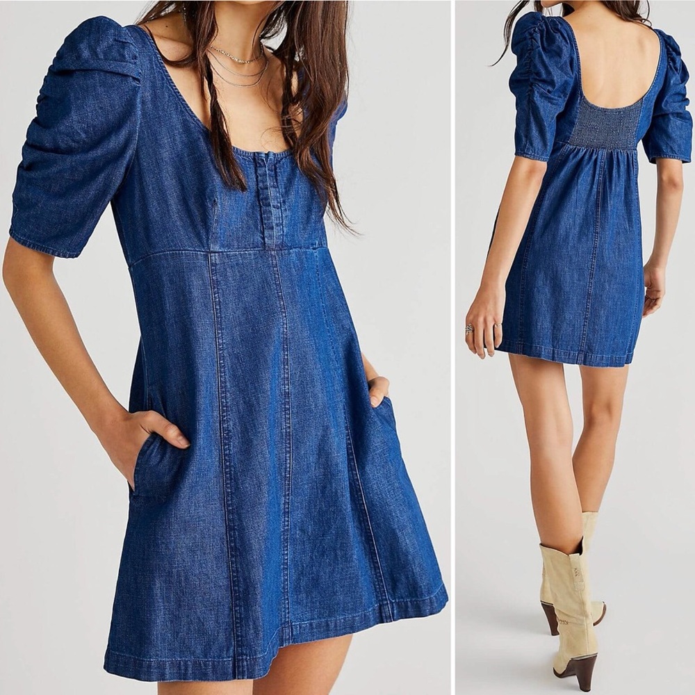 FREE PEOPLE Women’s Cheyenne Denim A-Line Mini Dress Puff Sleeves XS NWOT